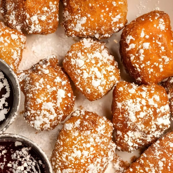 Golden-brown beignets dusted with powdered sugar, served with two small cups of chocolate dipping sauce.