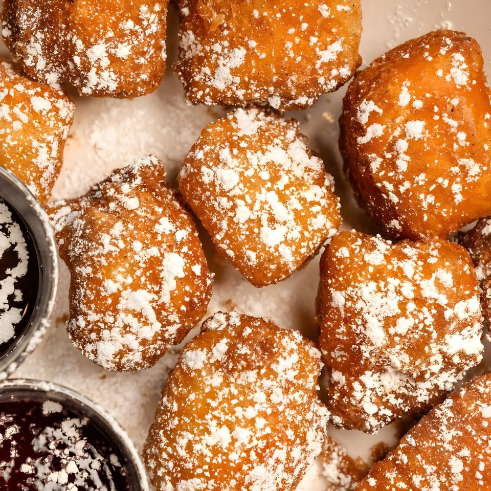 Close-up of golden-brown beignets dusted with powdered sugar, with two small cups of chocolate sauce.